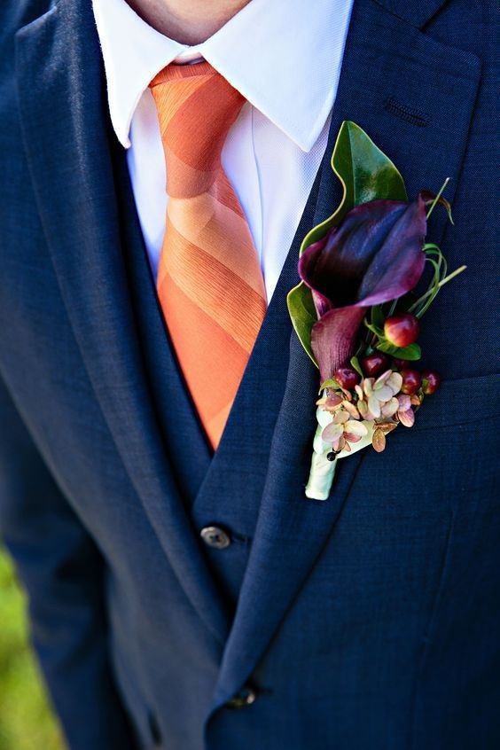 mens tie boutonniere suit for navy blue and orange october wedding colors 2020